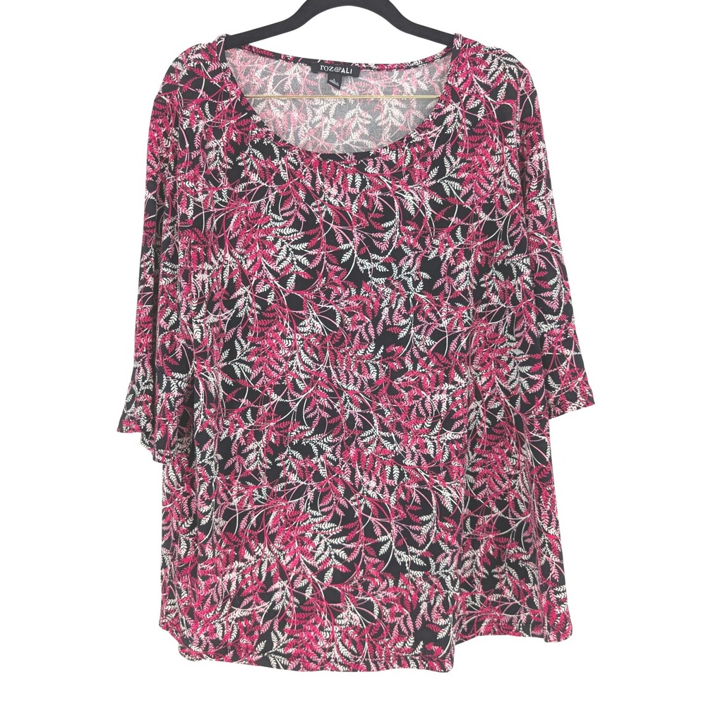 Roz & Ali Blouse Womens Large Pink Black Fern Print Bell Sleeve Excellent Boho